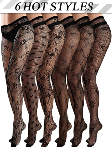 6 Pair Black Mesh Pantyhose Assorted Patterns